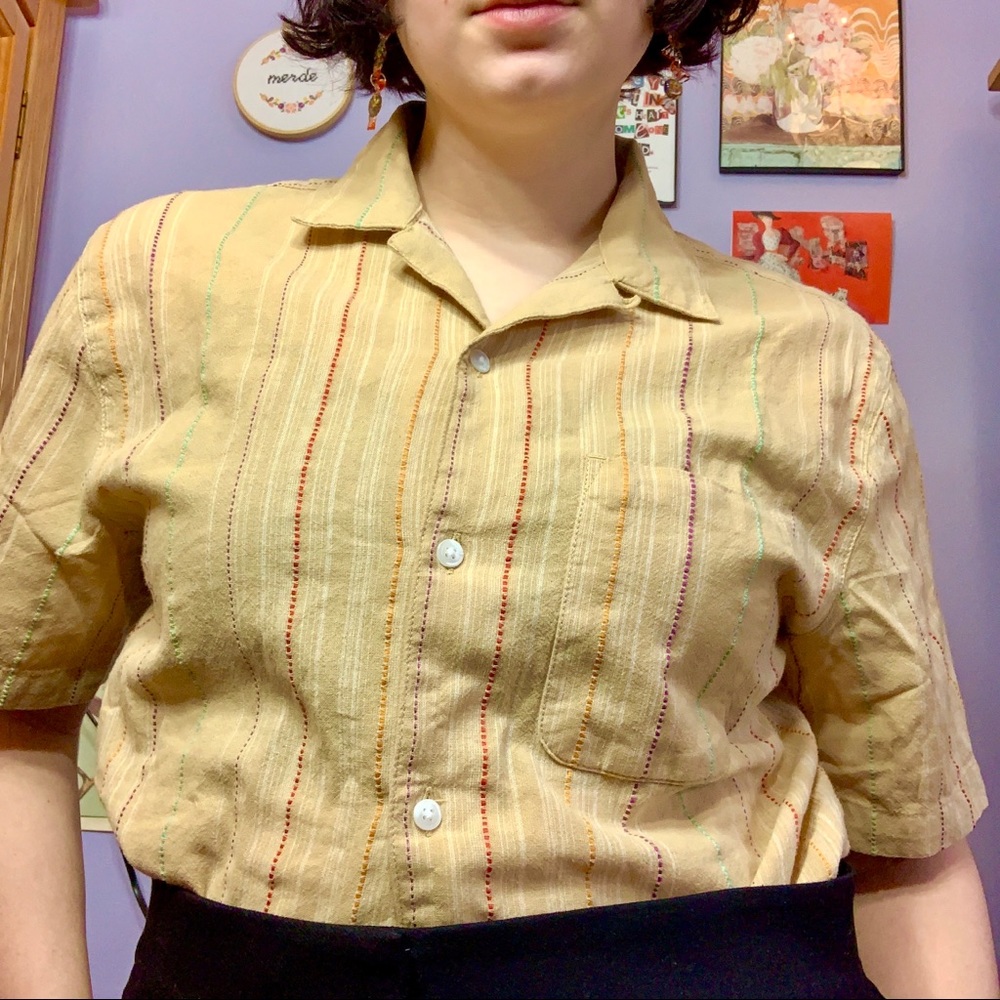 💛🌈Light Yellow Button Down w/ Rainbow Stripes